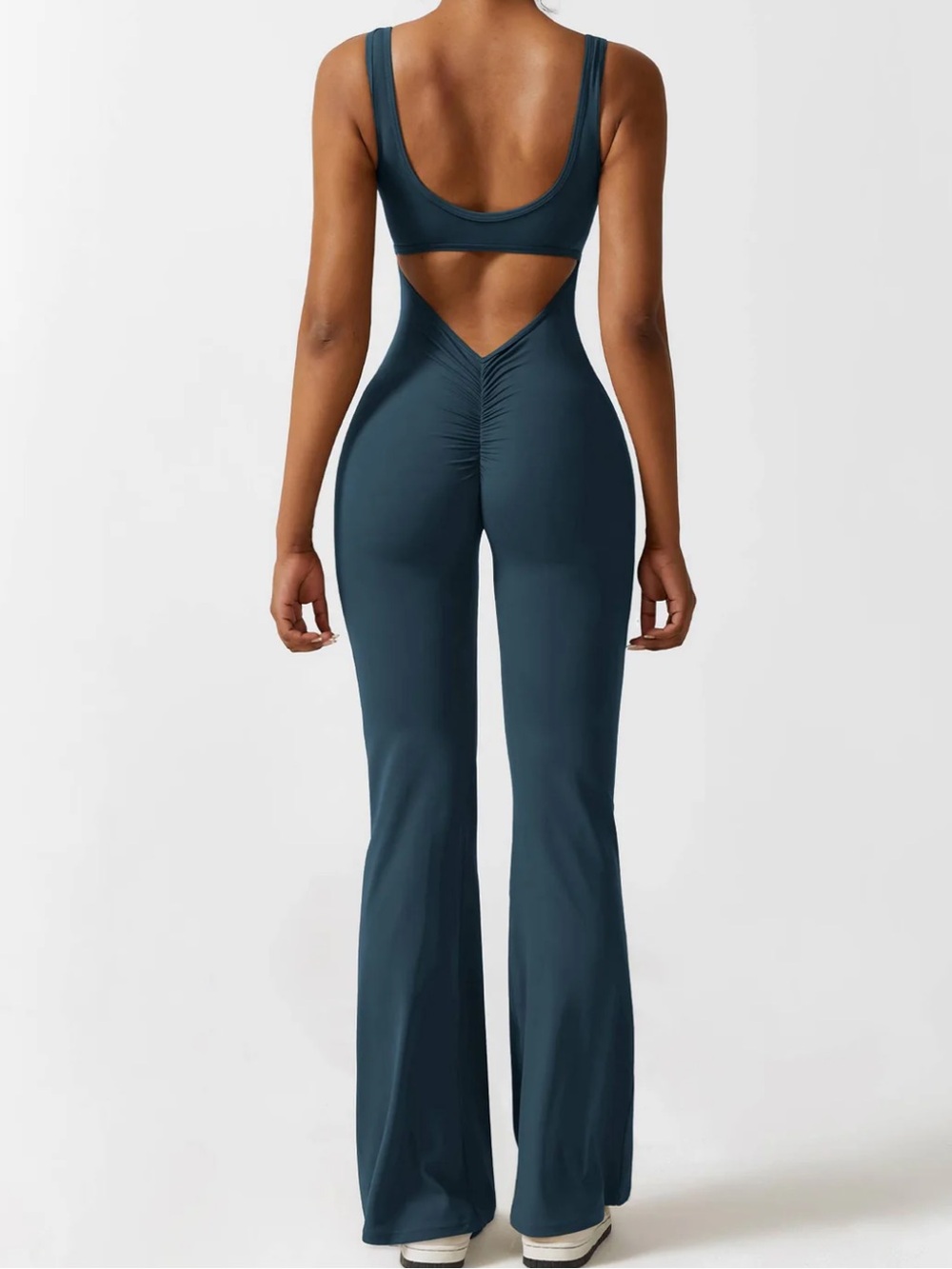 FANCY ADD "Lizvette" V Back Flare Leg Jumpsuit Women's Activewear Blue/Green-XL - Picture 3 of 4